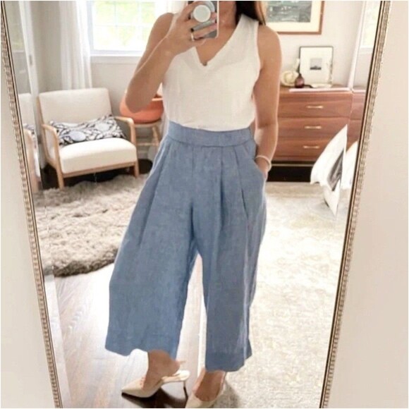 Gap Womens Blue Linen Blend Cropped Wide-Leg Pleated Pants Sz 10 Tall Flaw Read - Picture 2 of 13
